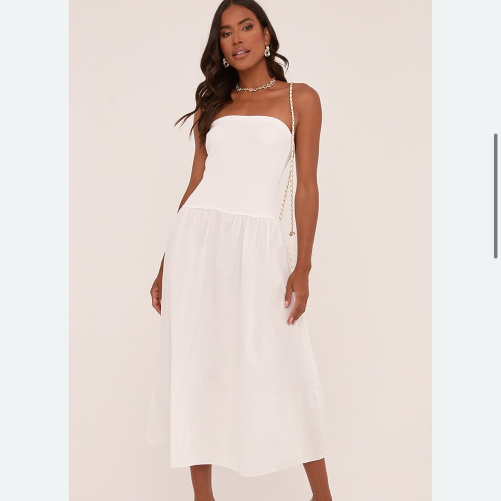 BANDEAU DROPPED HEM MIDI DRESS IN WHITE WOVEN